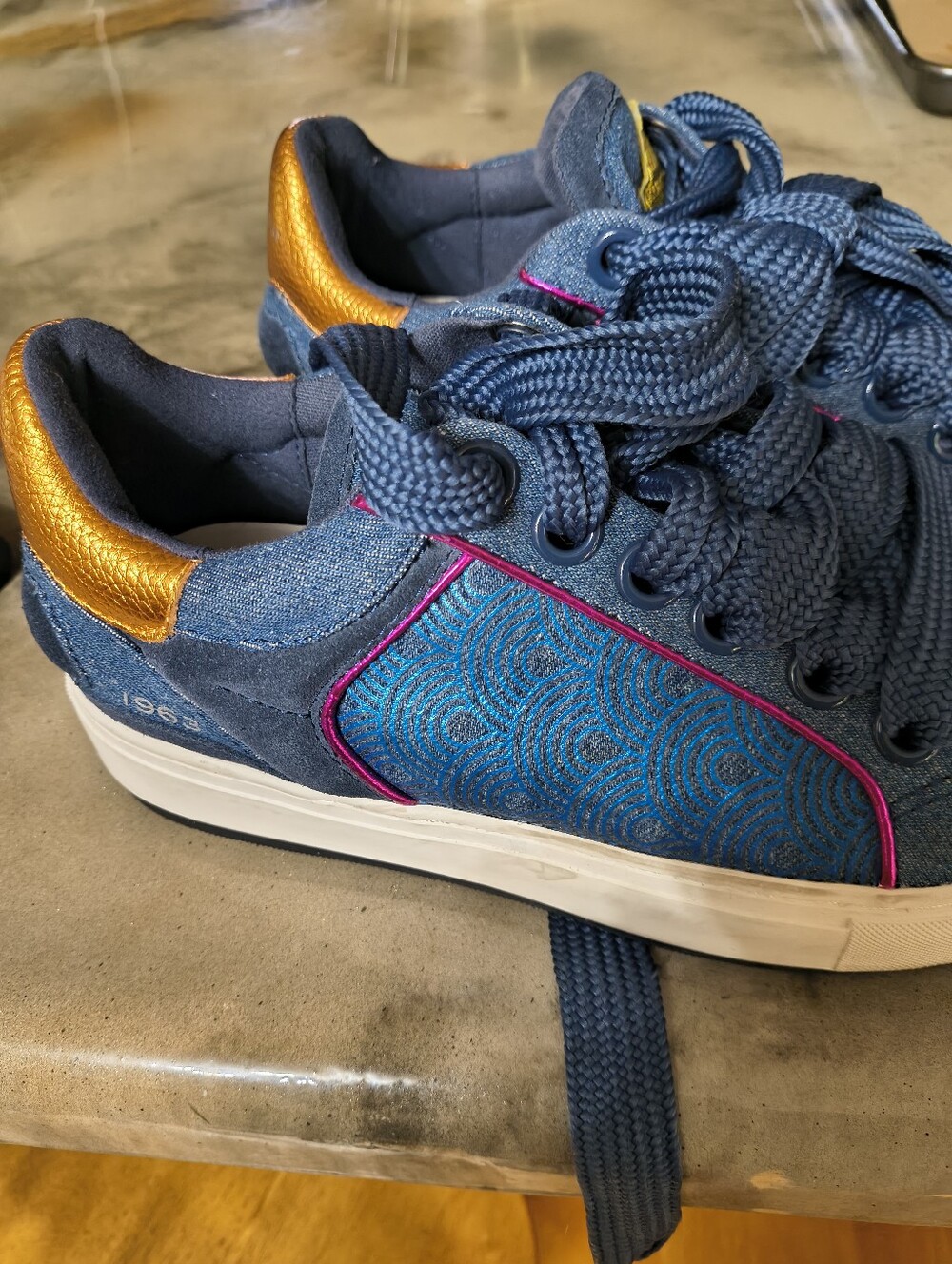 Kurt Geiger Navy, Metallic Orange & Pink Accent Flats